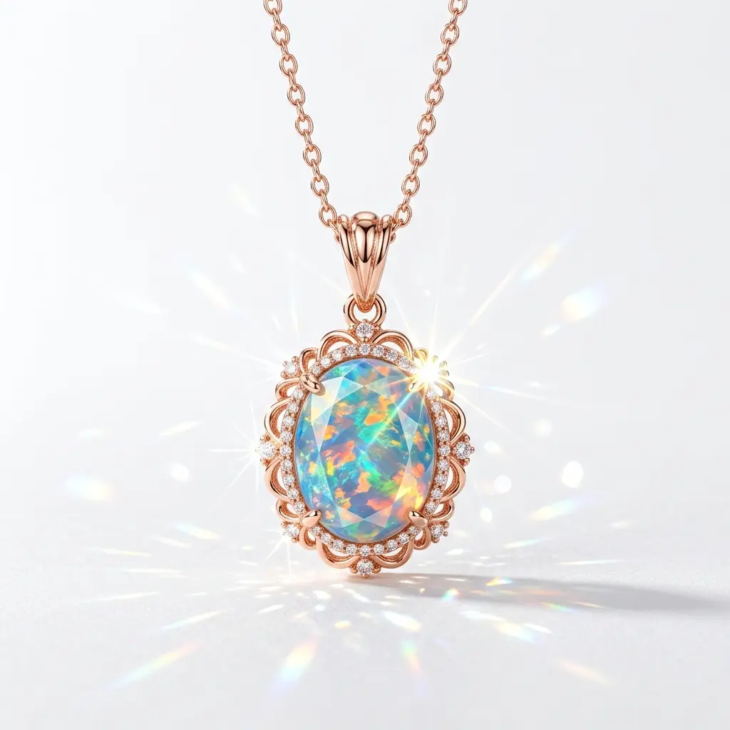 Pendent of an Opal Crystal Birthstone with Rose gold chain - Gifts for Libra